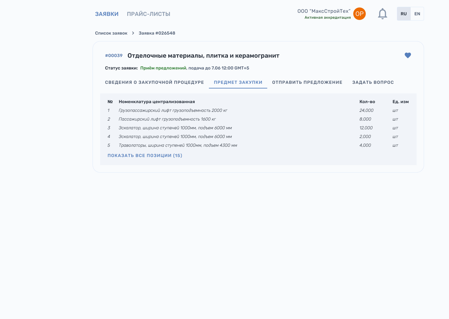 Интерфейс системы: номенклатура централизованной закупки